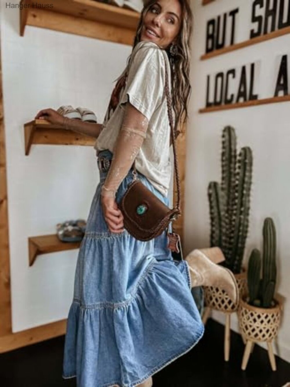High Waist Long Denim Tiered Ruffle Swing A-Line Maxi Skirt with Pockets - Picture 4 of 7